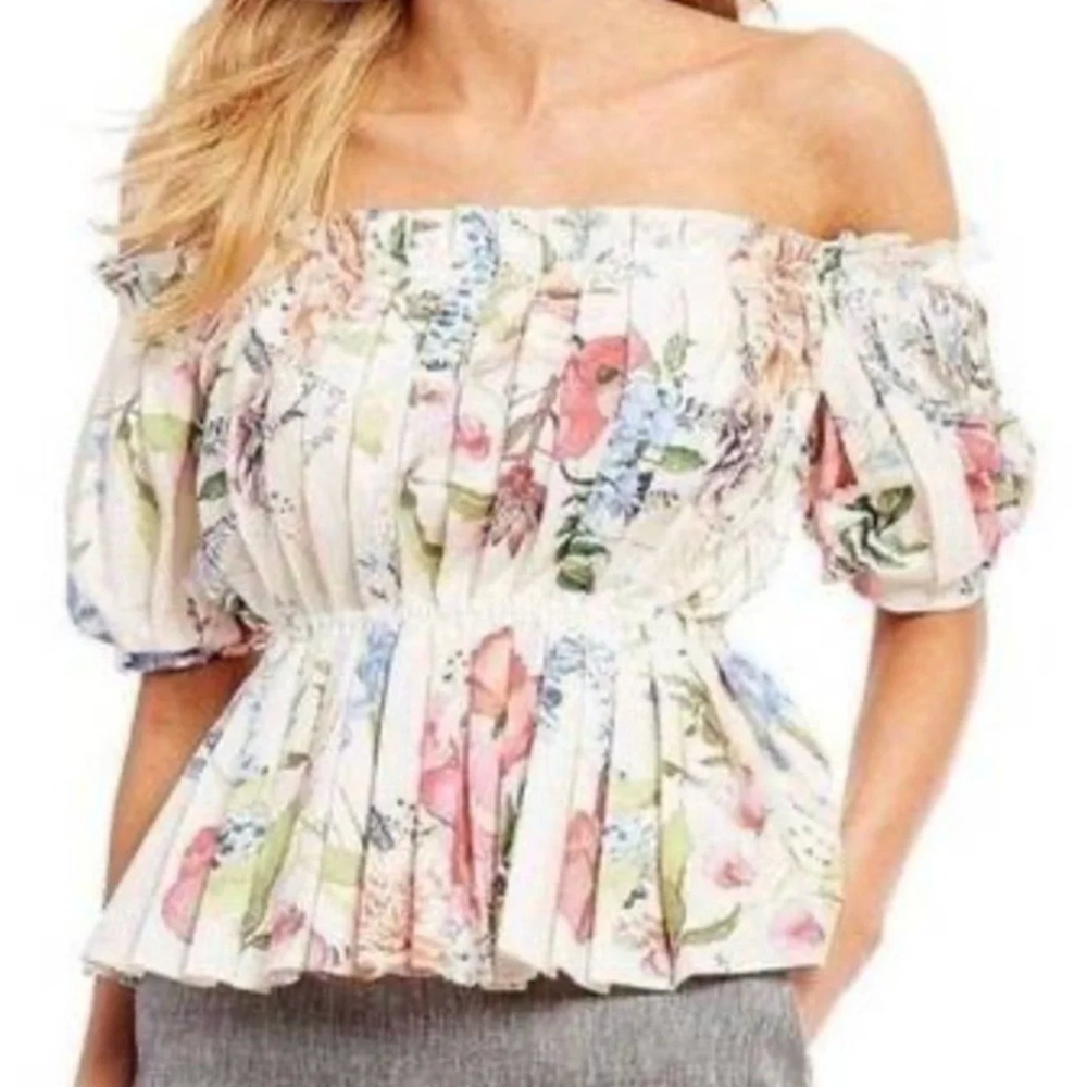 Antonio‎ Melani Kyla Off Shoulder Pleated Puff Sleeve Floral Peplum Top Womens 8